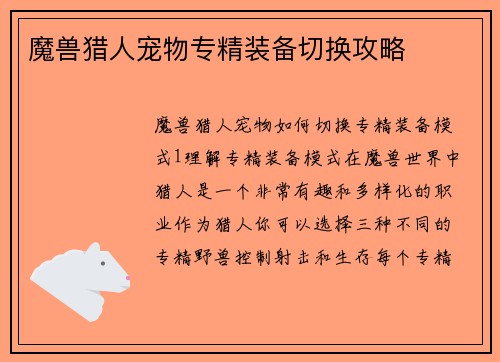 魔兽猎人宠物专精装备切换攻略